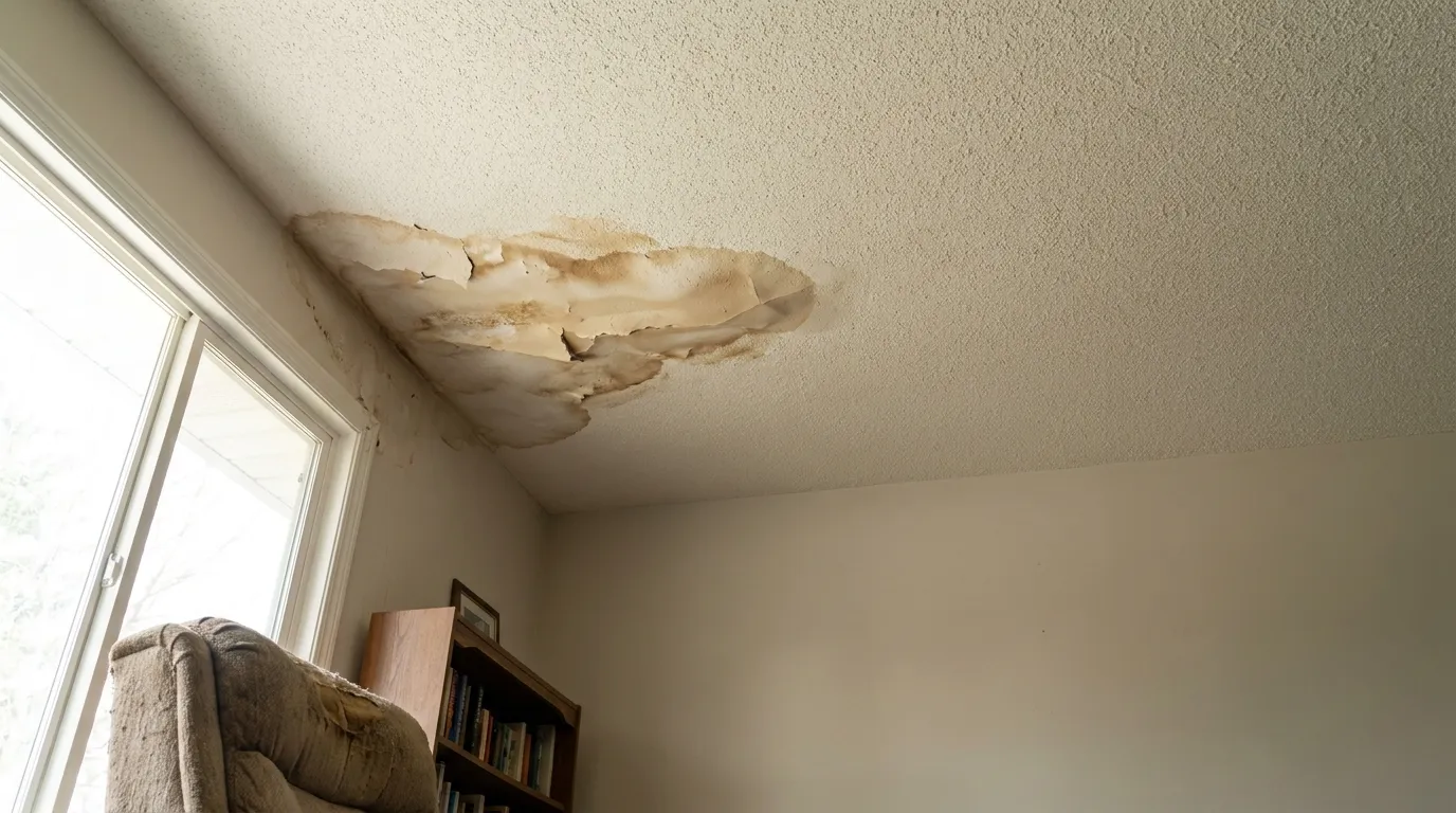 Realistic visualization representing bubbling ceiling after rain what it means why its urgent