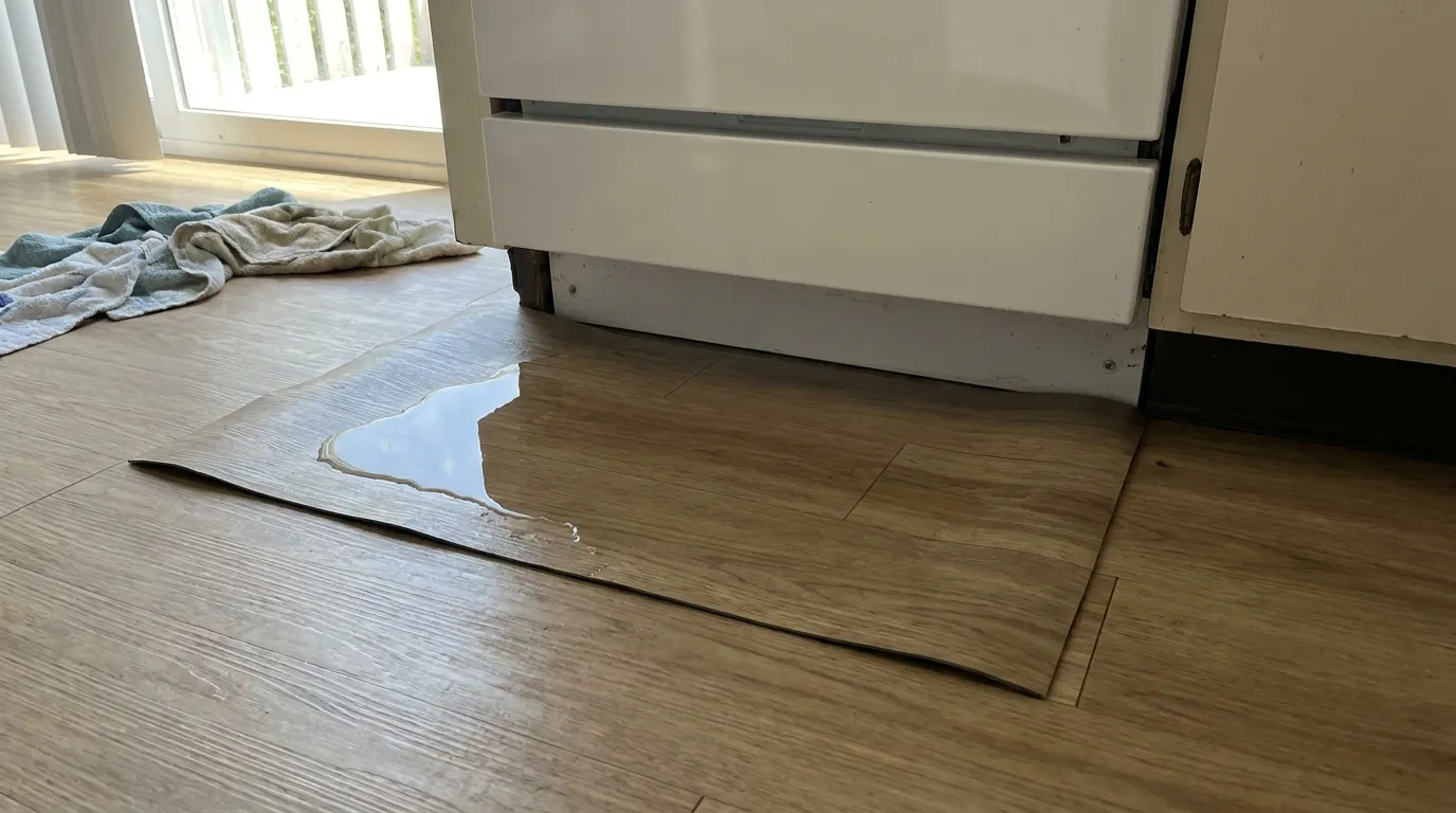 Realistic visualization representing dishwasher leaked under vinyl flooring