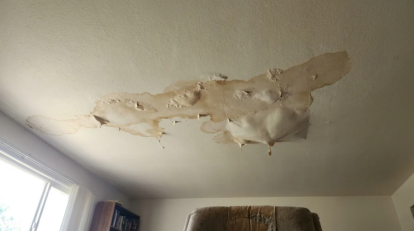 Realistic visualization representing upstairs toilet overflowed and leaked through ceiling
